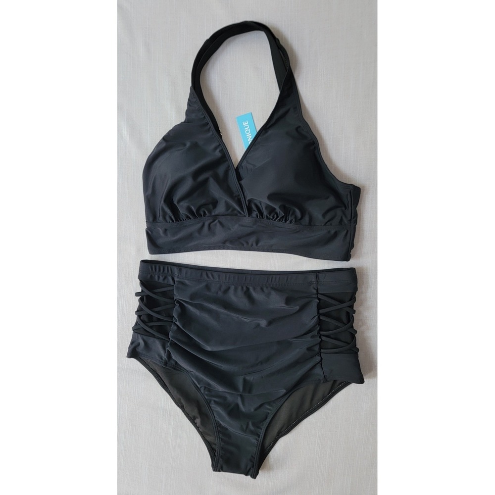 Yonique Black Bikini Set XL High Waisted Tummy Control Halter Bathingsuit NWT